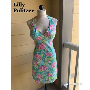 Royal Palm Style LILLY PULITZER Pink Green Floral Halter Dress 2
